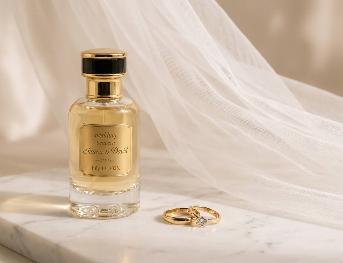 Bride applying her custom wedding perfume