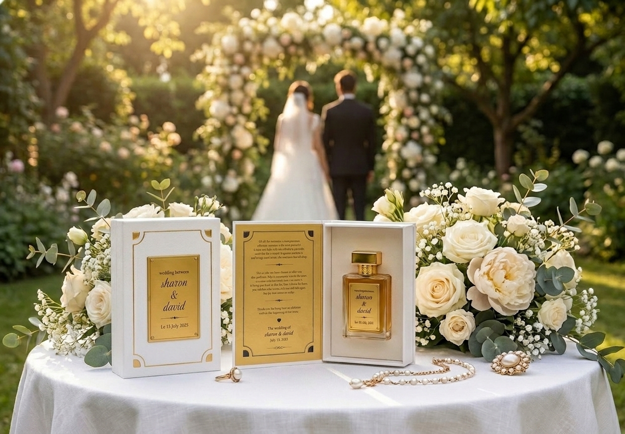 Bride’s hands holding personalized wedding perfume bottle