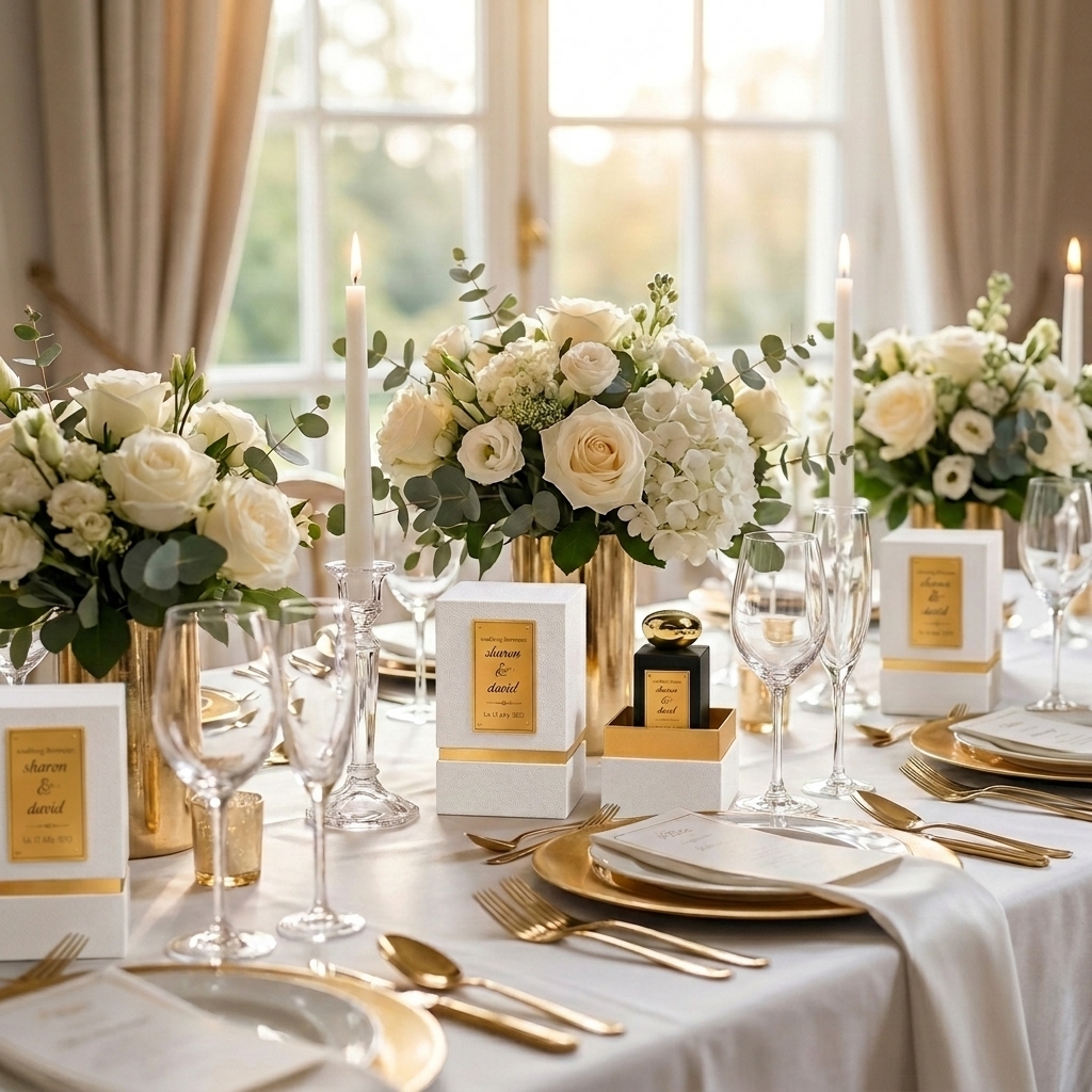Elegant wedding decor with a personalized perfume bottle
