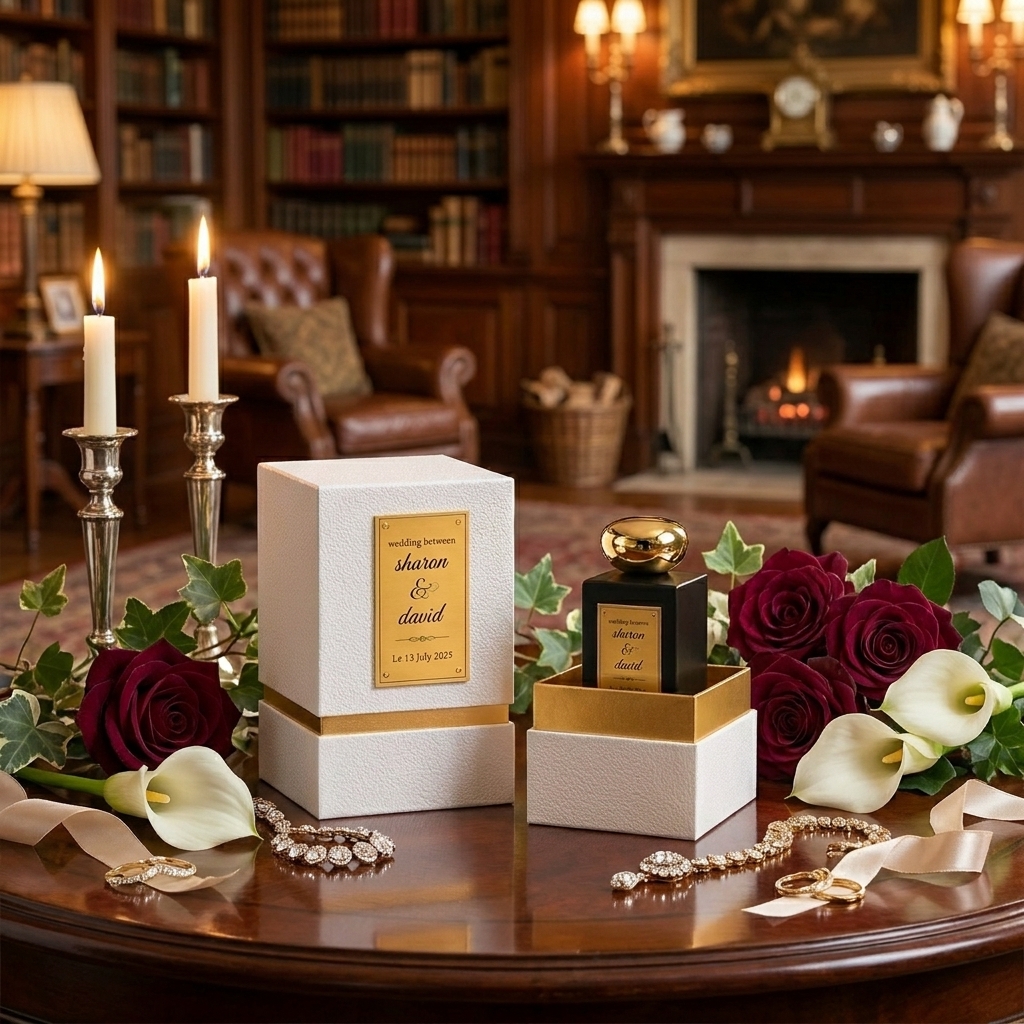 Luxury wedding perfume display with flowers