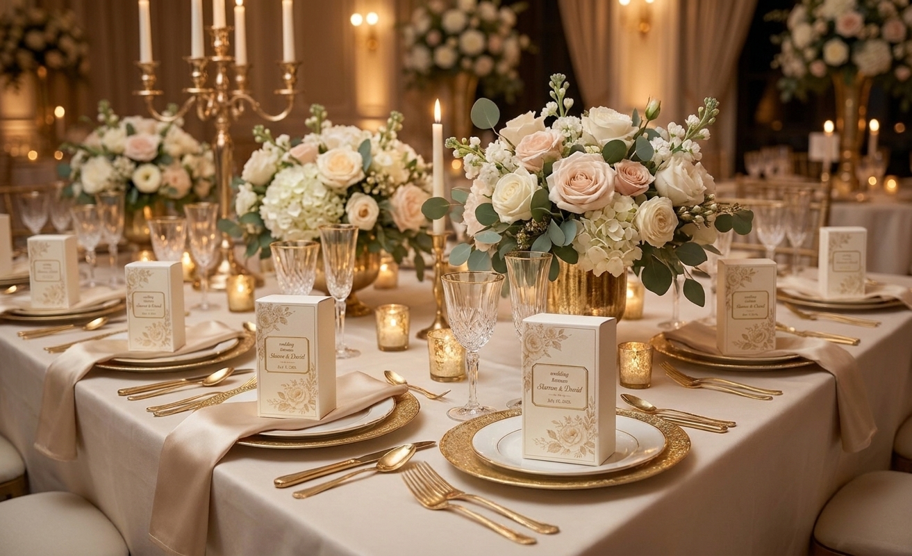 Luxury wedding reception with perfume favors