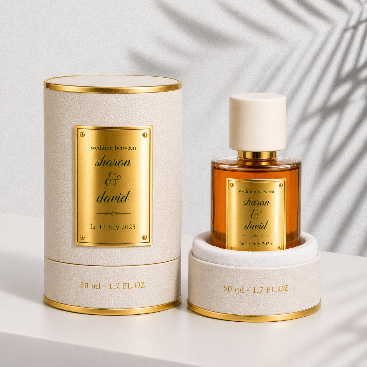 Two personalized wedding perfume bottles
