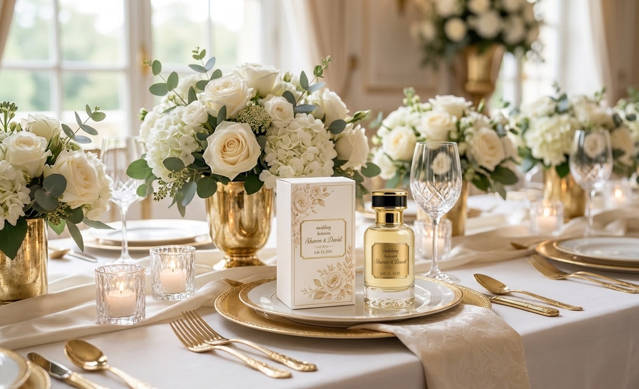Guest holding wedding perfume favor