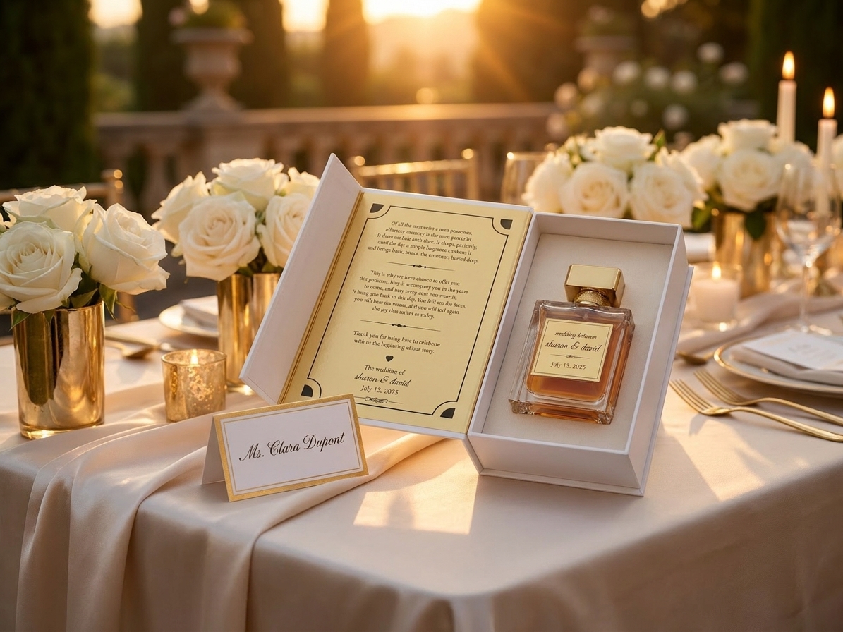 Wedding perfume favor in a romantic setup