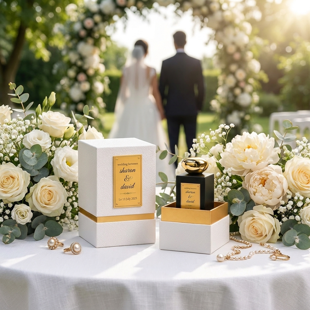 Wedding reception table with perfume favor