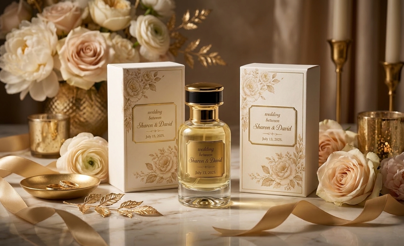 Wedding tablescape with gold perfume favors