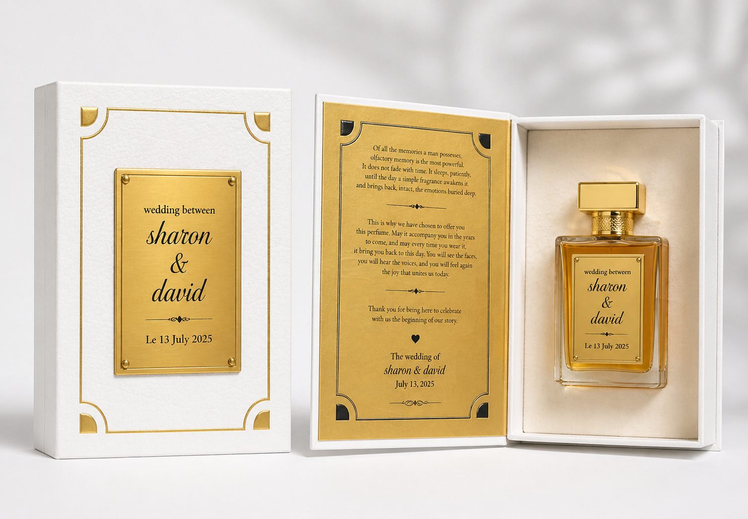 Signature Book — wedding perfume favor with personalized gold plaque and inner story panel